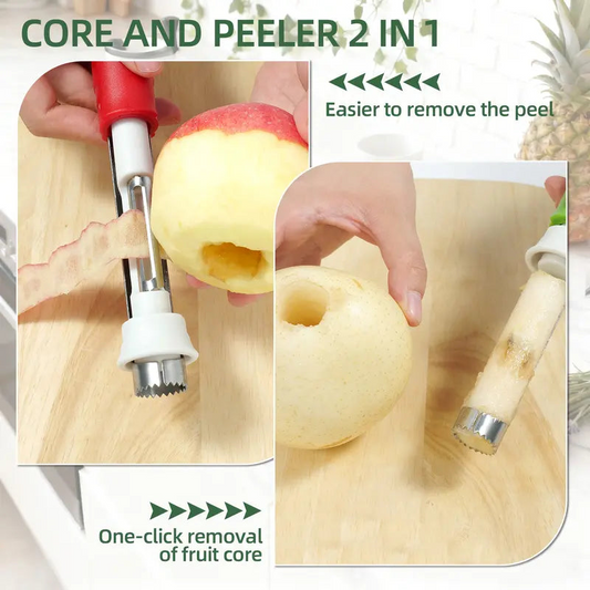 🍎 2-in-1 Fruit Corer & Peeler –⚡ Stainless Steel, Sharp Blade, Non-Slip Grip✨