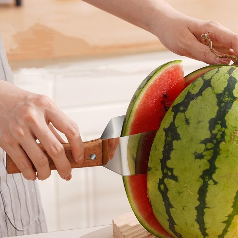 🍉 Tri-Blade Watermelon Slicer with Wood Handle -Cut & Lift in One Motion, Triangular Wedges, 304 Stainless Steel