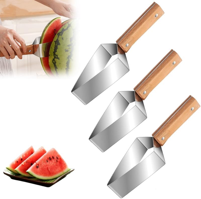 🍉 Tri-Blade Watermelon Slicer with Wood Handle -Cut & Lift in One Motion, Triangular Wedges, 304 Stainless Steel