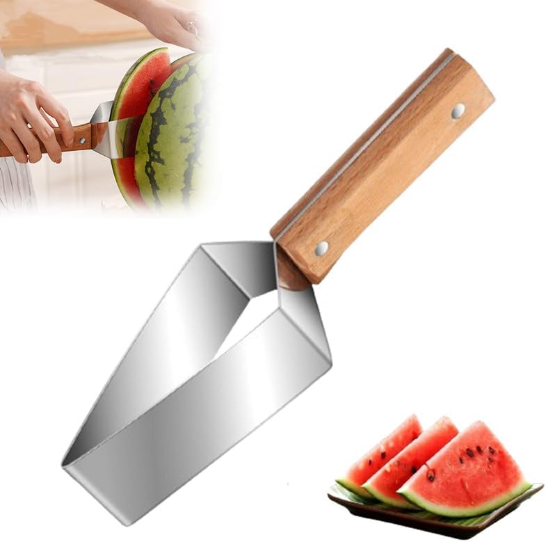 🍉 Tri-Blade Watermelon Slicer with Wood Handle -Cut & Lift in One Motion, Triangular Wedges, 304 Stainless Steel