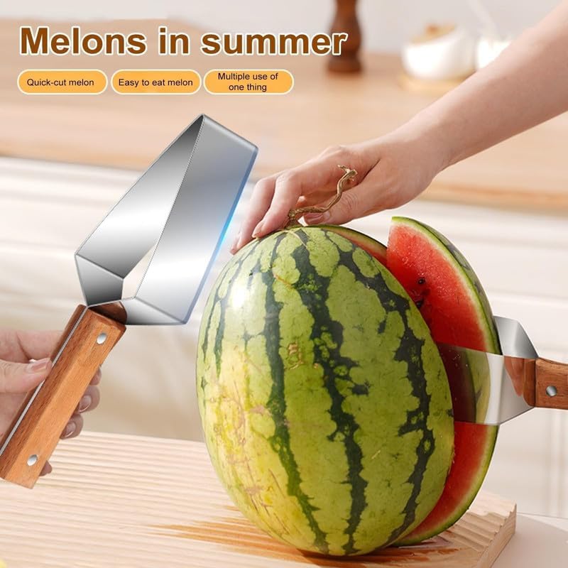🍉 Tri-Blade Watermelon Slicer with Wood Handle -Cut & Lift in One Motion, Triangular Wedges, 304 Stainless Steel
