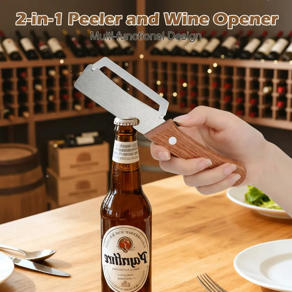 🔪 Pro-Grade Vegetable Peeler — ✨Wooden Handle, Built-In Bottle Opener, Heavy-Duty Fruit & Veggie Tool for Every Kitchen! 🪵