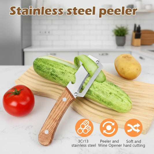 🏡🔪 Pro-Grade Vegetable Peeler — ✨Wooden Handle, Built-In Bottle Opener, Heavy-Duty Fruit & Veggie Tool for Every Kitchen! 🪵